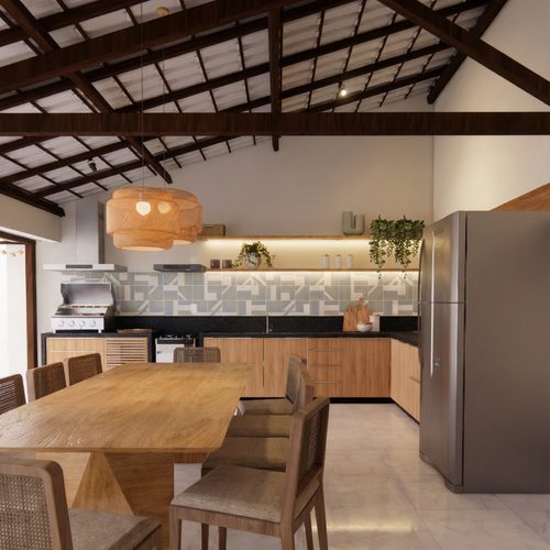 Área gourmet com telhado aparente em madeira escura, bancada em L com revestimento geométrico e mesa de jantar em madeira
